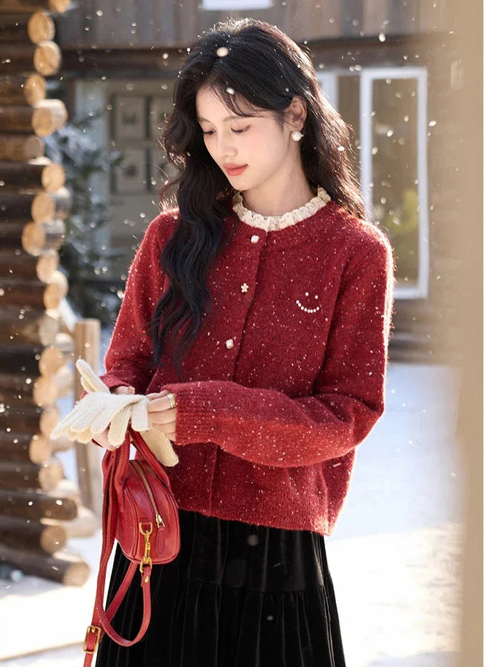 VILZSTUDIOS Red Lace Collar Cashmere Cardigan
