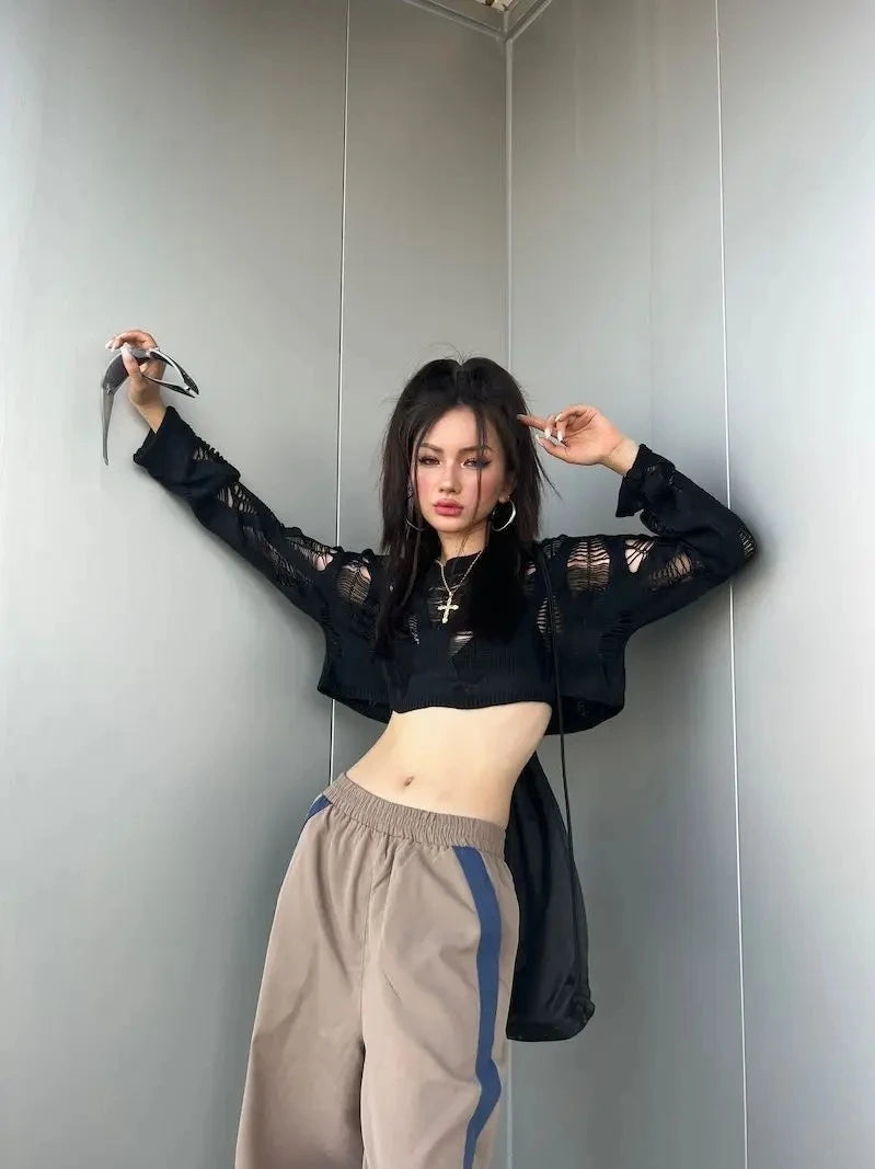 VILZSTUDIOS Black Hollow Knit Mesh Crop Top