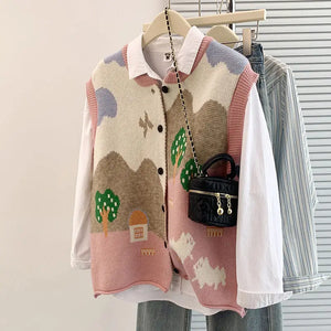 VILZSTUDIOS Oversized Jacquard Knit Sleeveless Cardigan