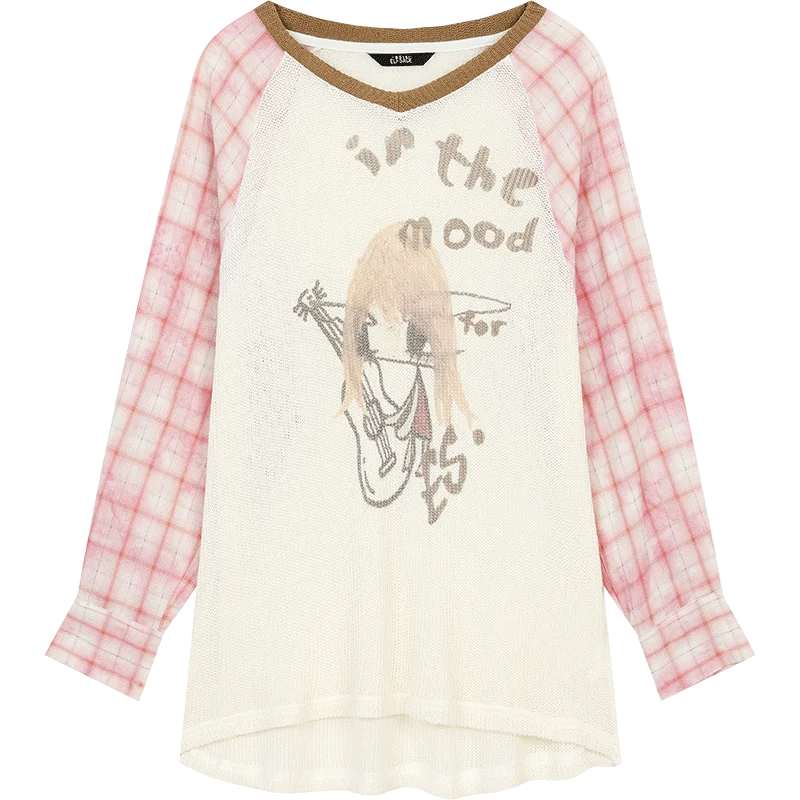 VILZSTUDIOS Plaid Patchwork Print V-Neck Knit Top