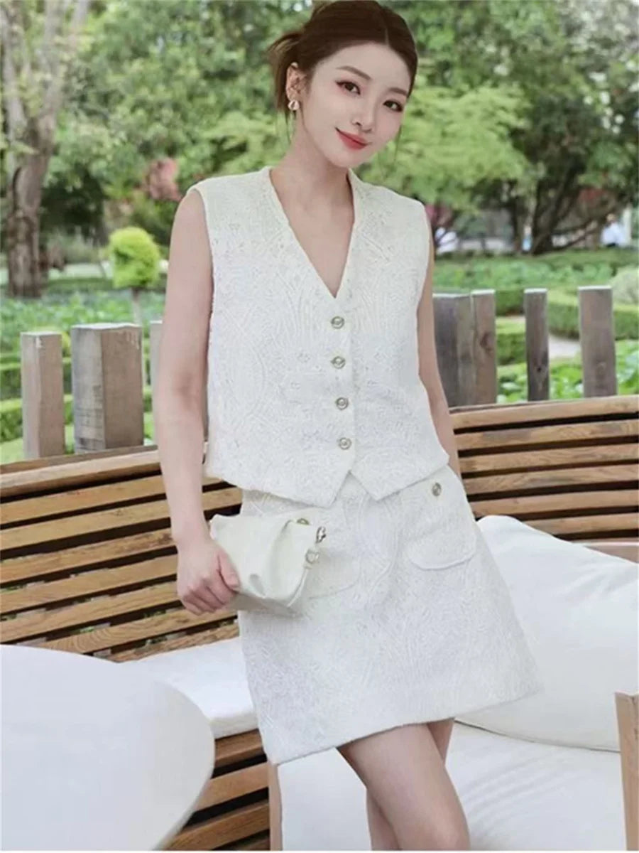 VILZSTUDIOS White Elegant Embroidered Vest & Mini Skirt Set