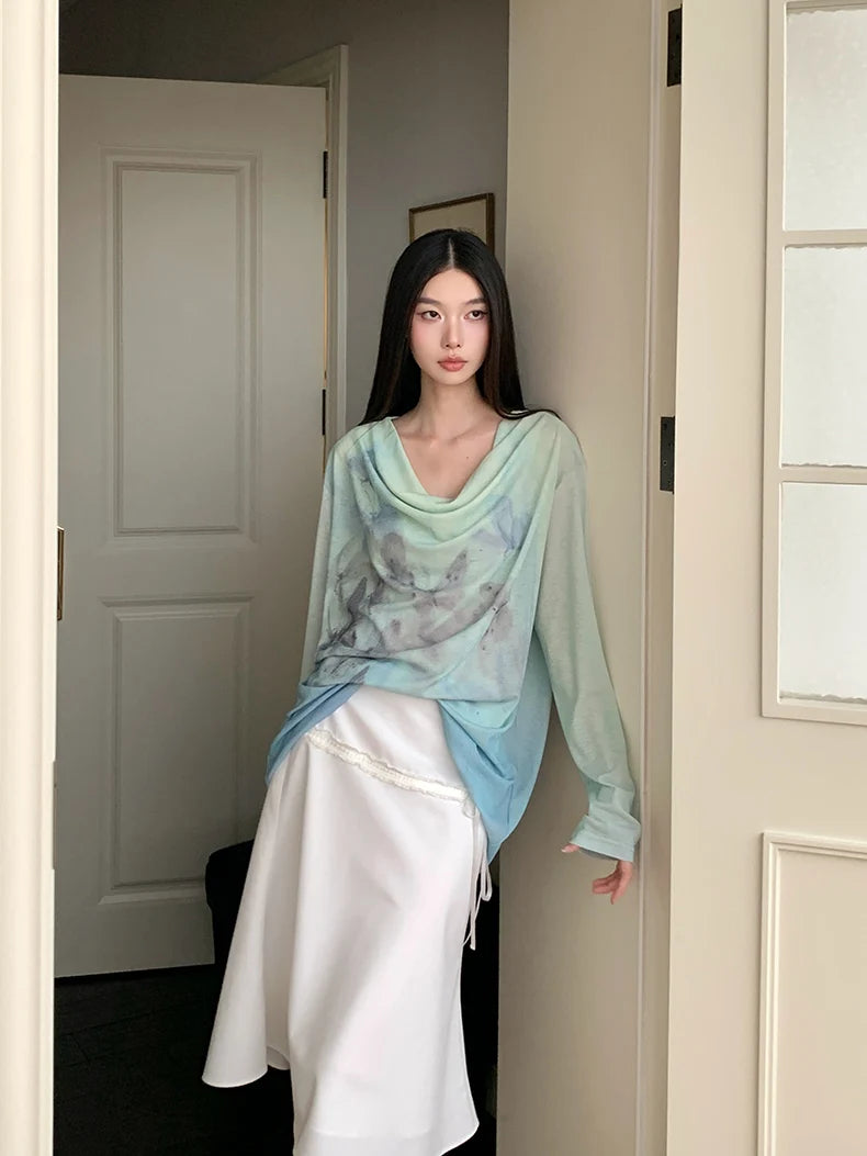 VILZSTUDIOS Gradient Oversize Graphic Long Sleeve Top