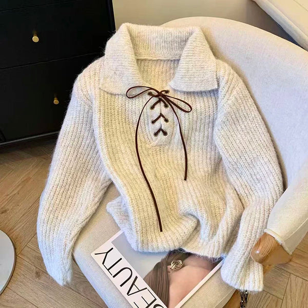 Cozy Thick Lace Up Knit Sweater