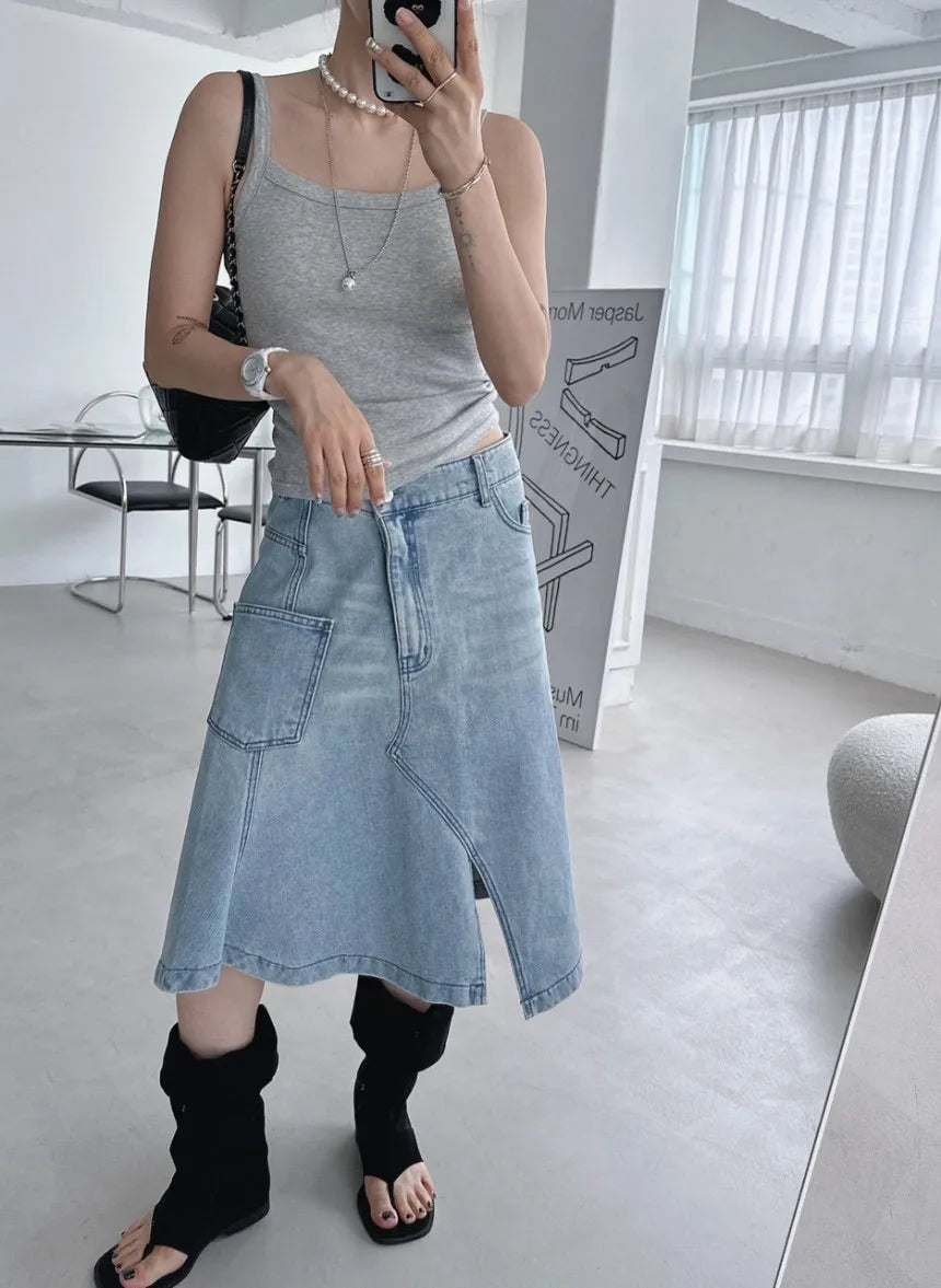 VILZSTUDIOS Retro High Waist Irregular Denim Skirt