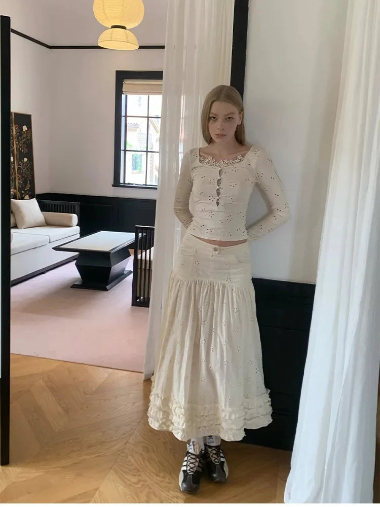 VILZSTUDIOS White Lace Embroidered High Waist Skirt