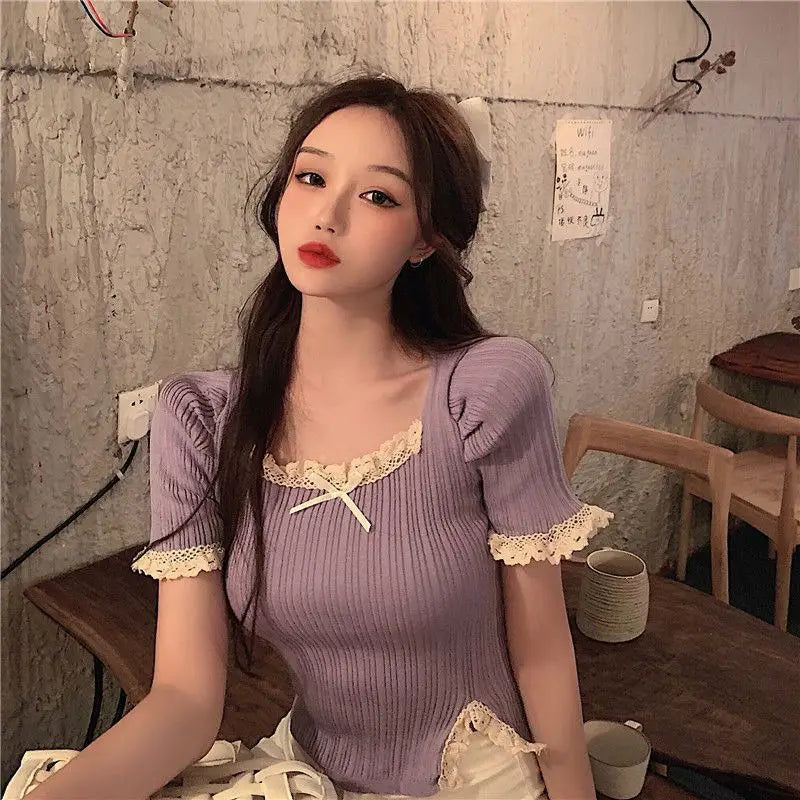 VILZSTUDIOS Spicy Girl Square Neck Lace Shirt