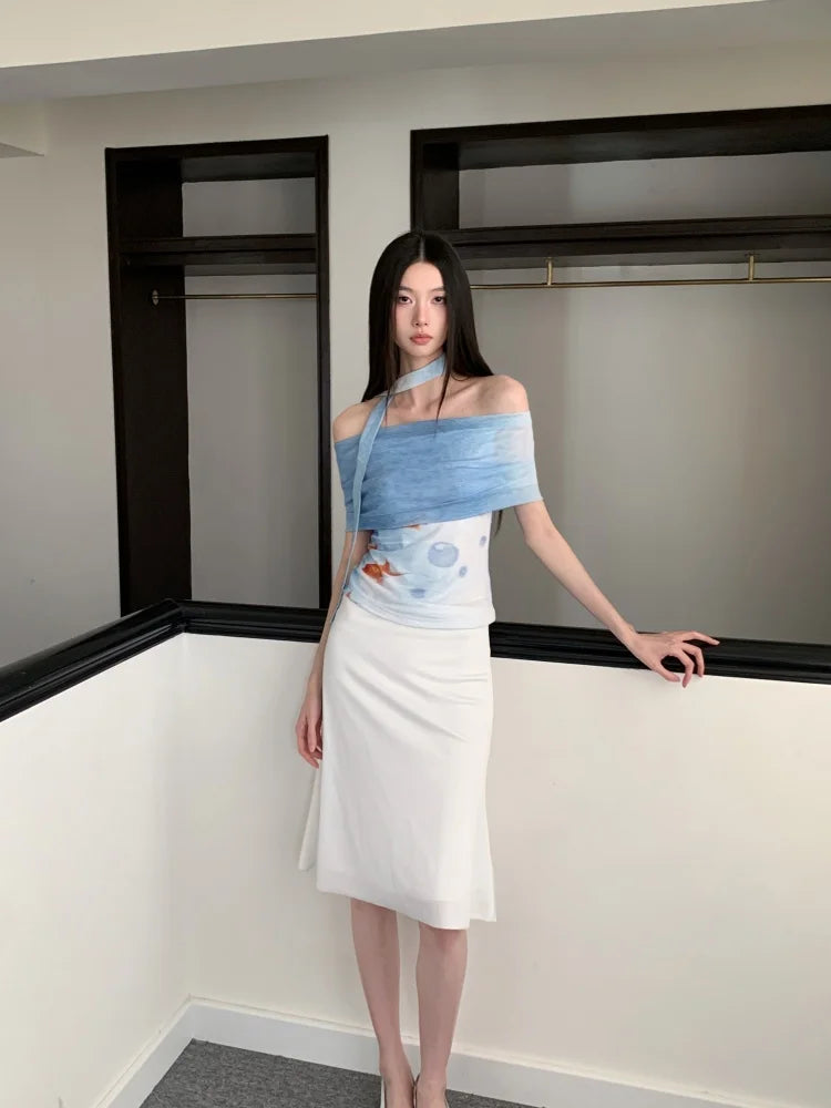 VILZSTUDIOS Gradient Blue Mesh Off-Shoulder Blouse
