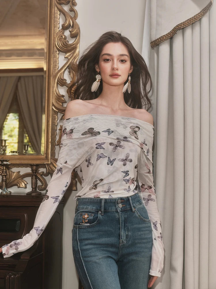VILZSTUDIOS Butterfly Long Off Shoulder Sleeve Mesh Blouse