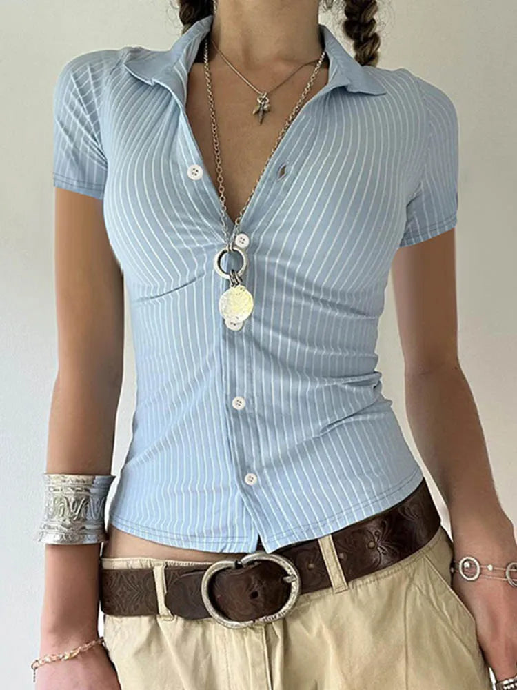 VILZSTUDIOS Blue Stripe Short Sleeve Button-Up Shirt