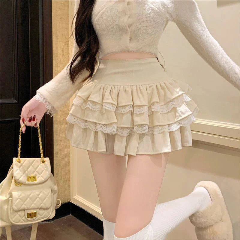 VILZSTUDIOS Lace High-Waist Ruffled Mini Skirt