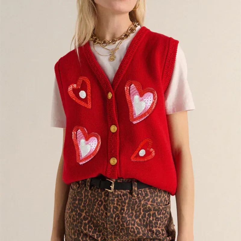 VILZSTUDIOS Valentines Day Sequin Embroidered Heart Sleeveless Sweater