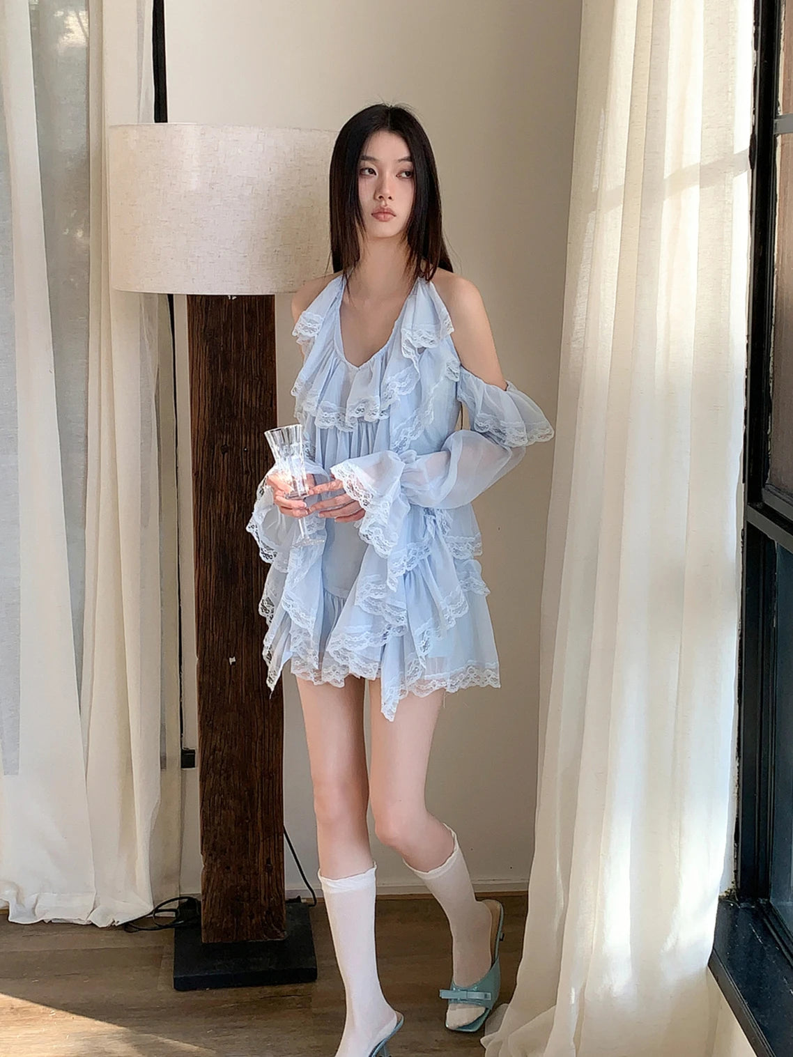 VILZSTUDIOS Luxury Blue Halter Ruffles Lace Dress