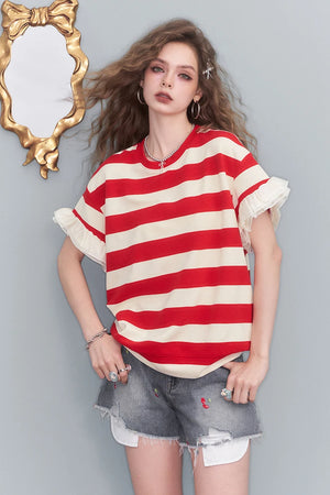 VILZSTUDIOS Colorful Stripe Mesh Splice Loose T-Shirt