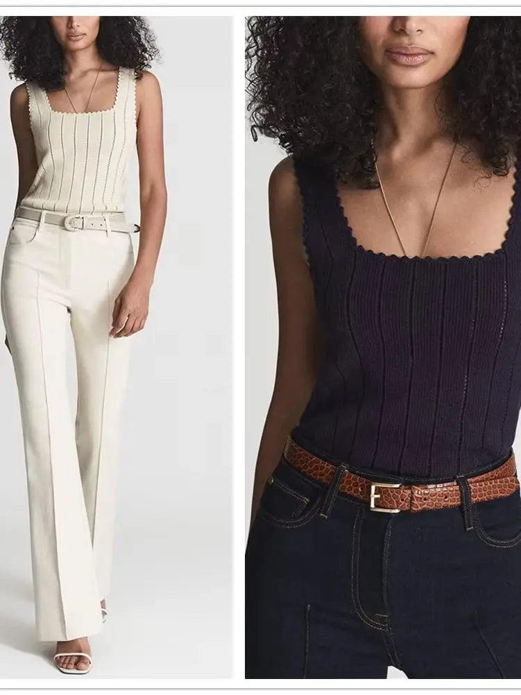 VILZSTUDIOS Hollow Out Lace Trim Knit Tank Top