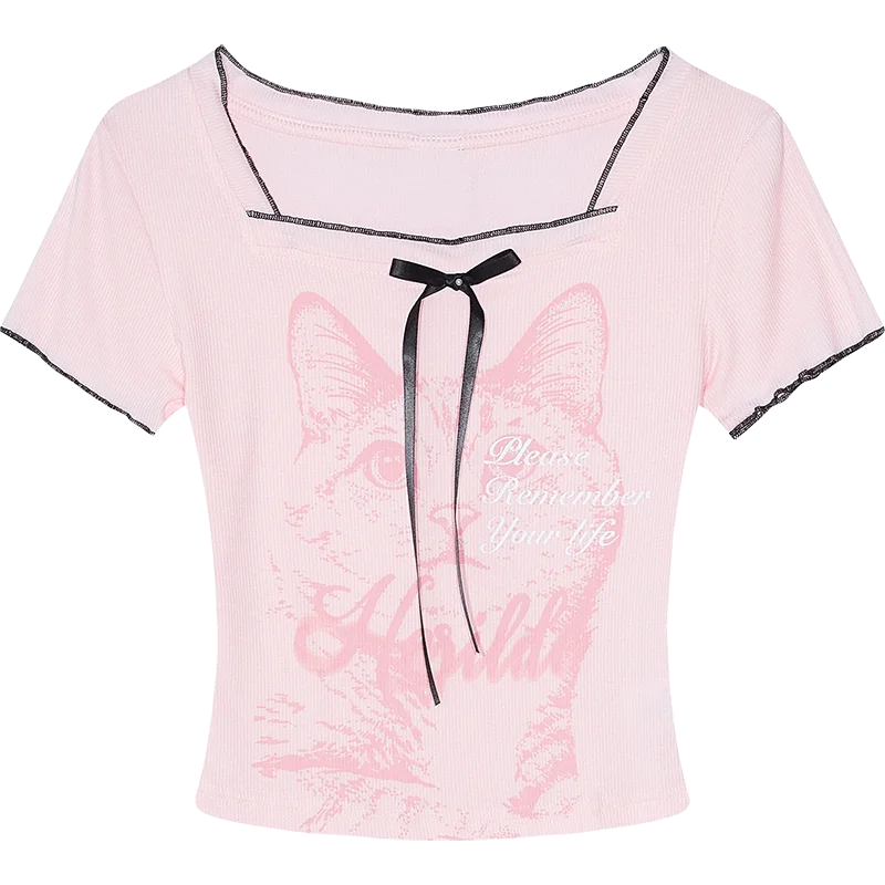 VILZSTUDIOS Chic Cat Print Square Neck Cropped T-Shirt