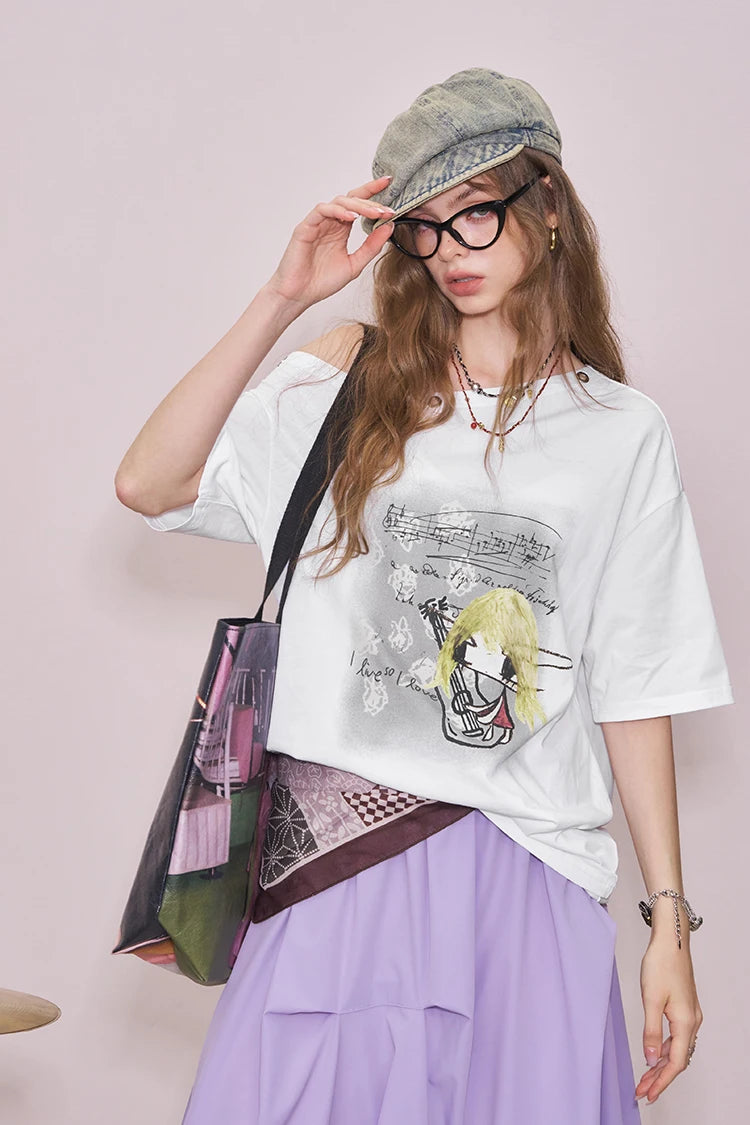 VILZSTUDIOS Cool Printed Off Shoulder Sleeve T-Shirt