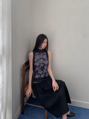 VILZSTUDIOS Floral Black Sleeveless Turtleneck Tank Top