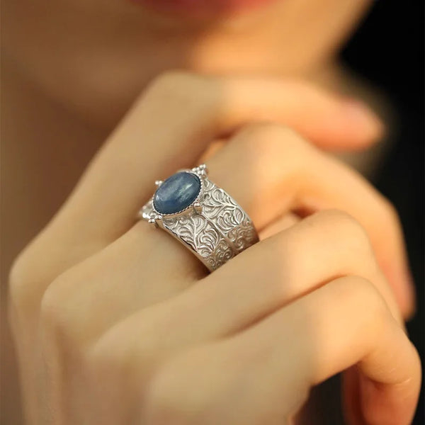 Elegant Blue Stone Leaf Flower Ring