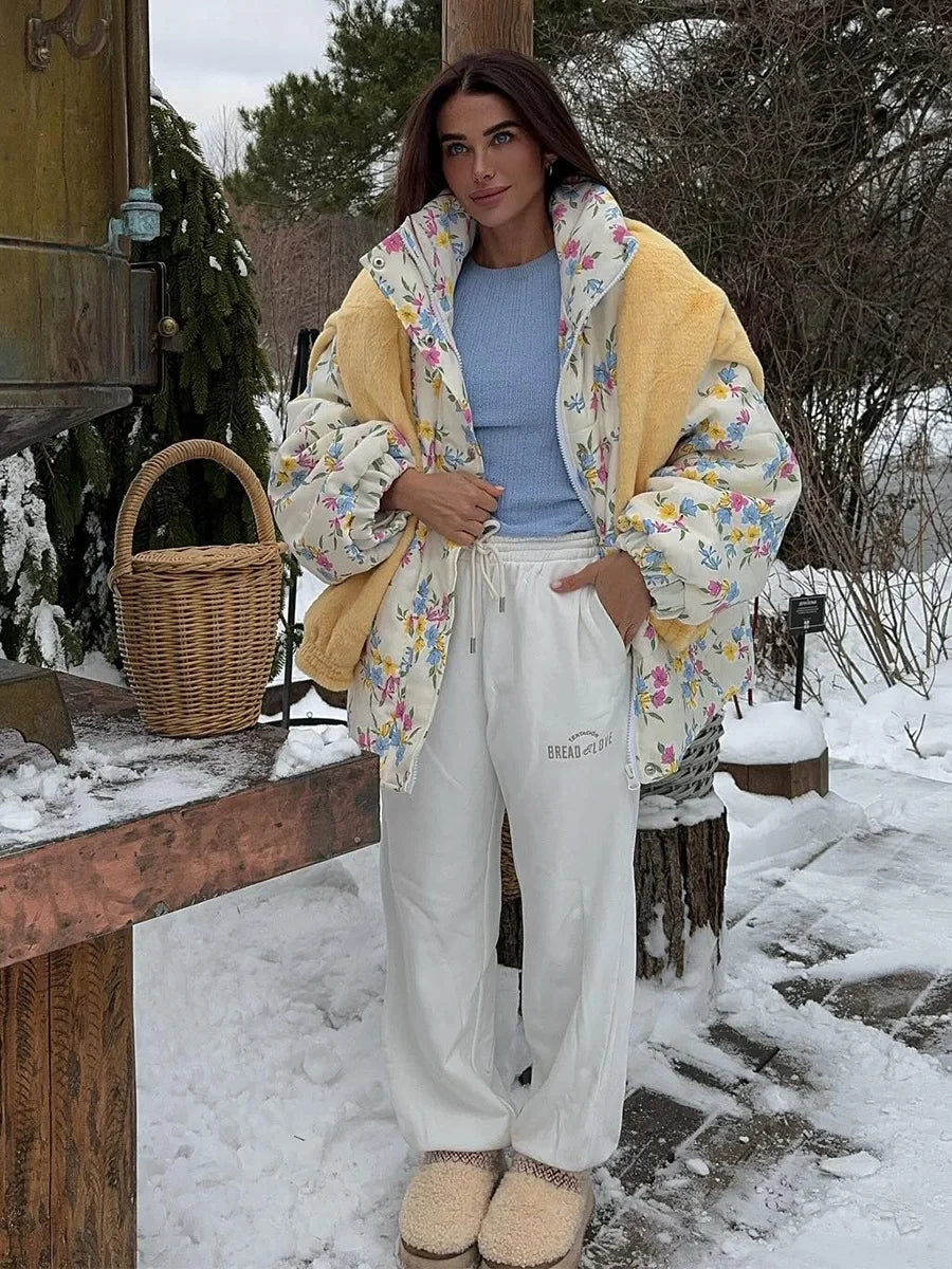 VILZSTUDIOS Cozy Floral Print Oversized Puffer Jacket