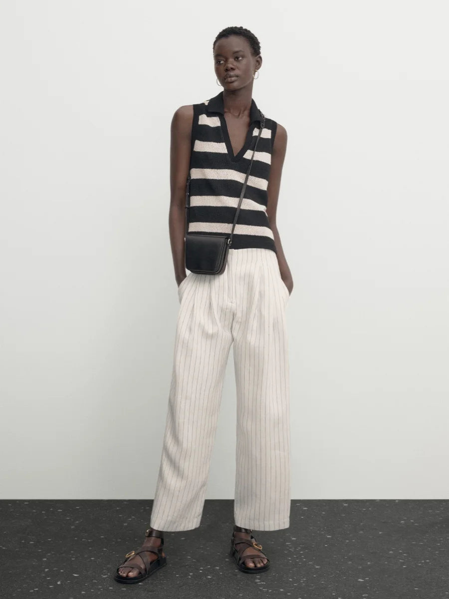 VILZSTUDIOS Striped Sleeveless Polo Top