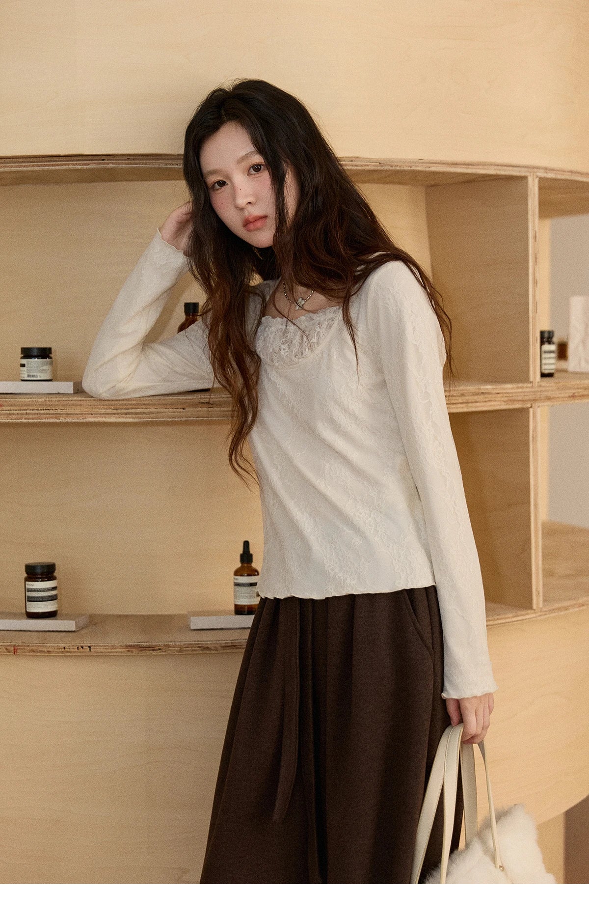VILZSTUDIOS Elegant Beige Lace Patchwork Long Sleeve Top