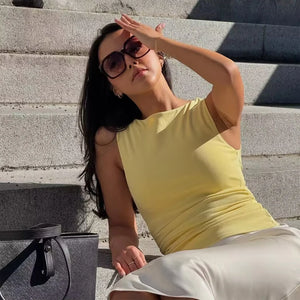 VILZSTUDIOS Stylish Asymmetric Yellow Ruched Top