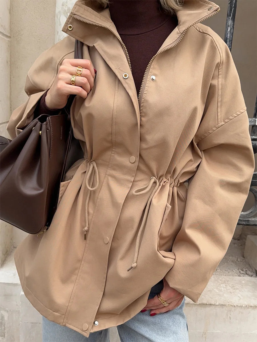 VILZSTUDIOS Stylish Stand Collar Mid-Length Trench Coat