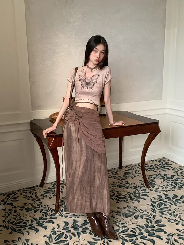 Brown Tie Dye High Waist Skirt & Top