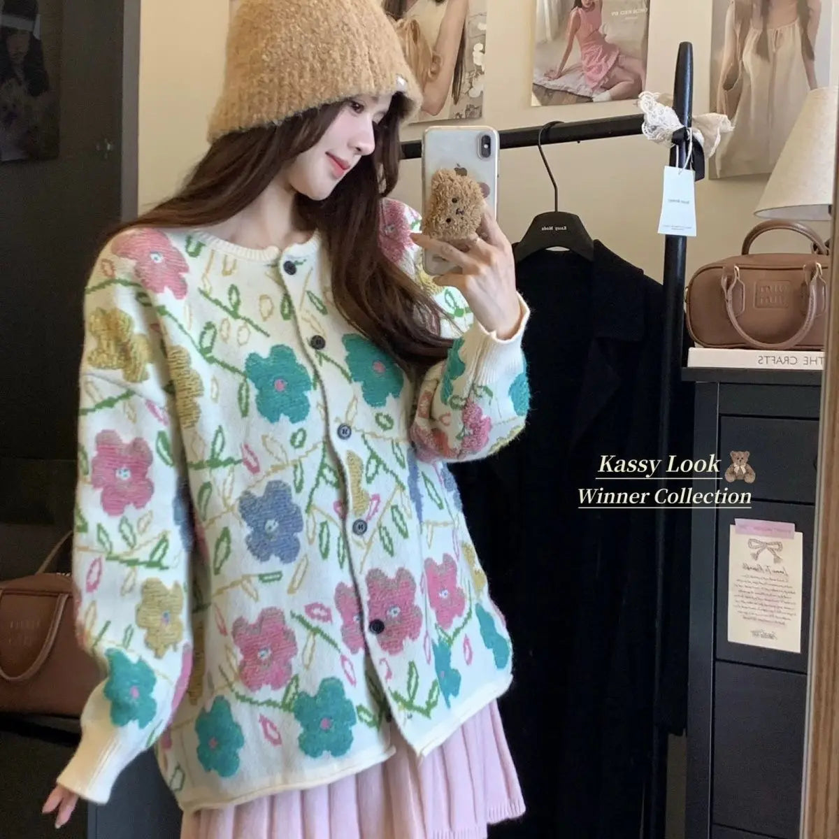 VILZSTUDIOS Cozy Oversized Floral Knit Cardigan