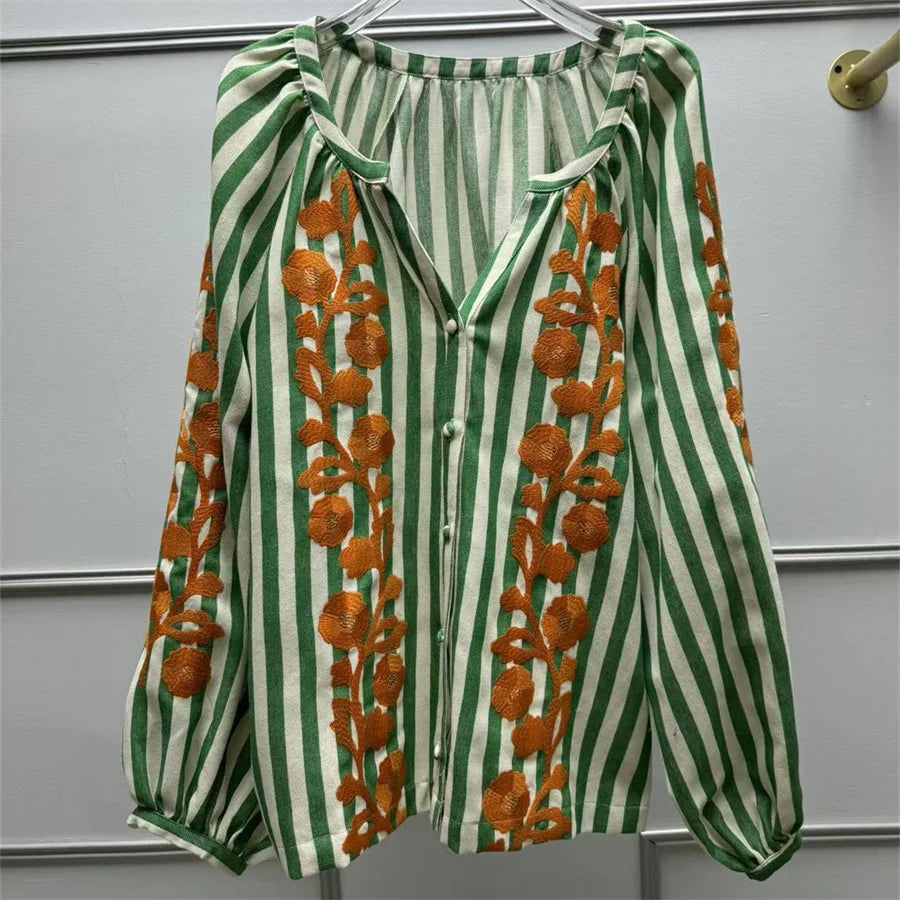 VILZSTUDIOS Striped Embroidered Blouse