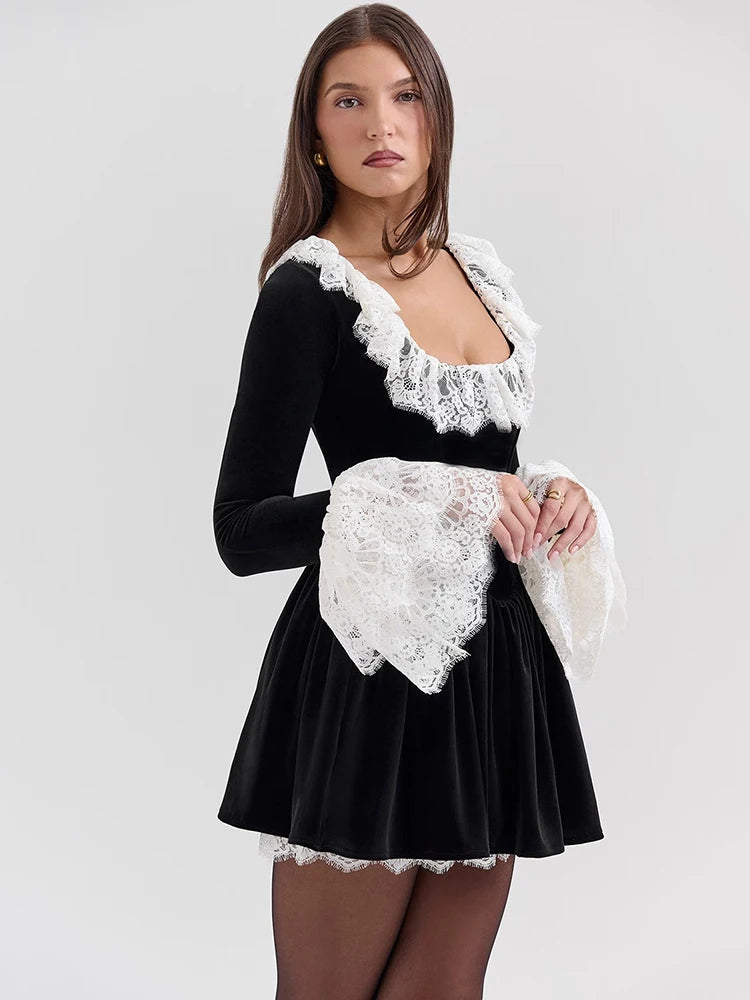 VILZSTUDIOS Flare Lace Square Collar Black Dress