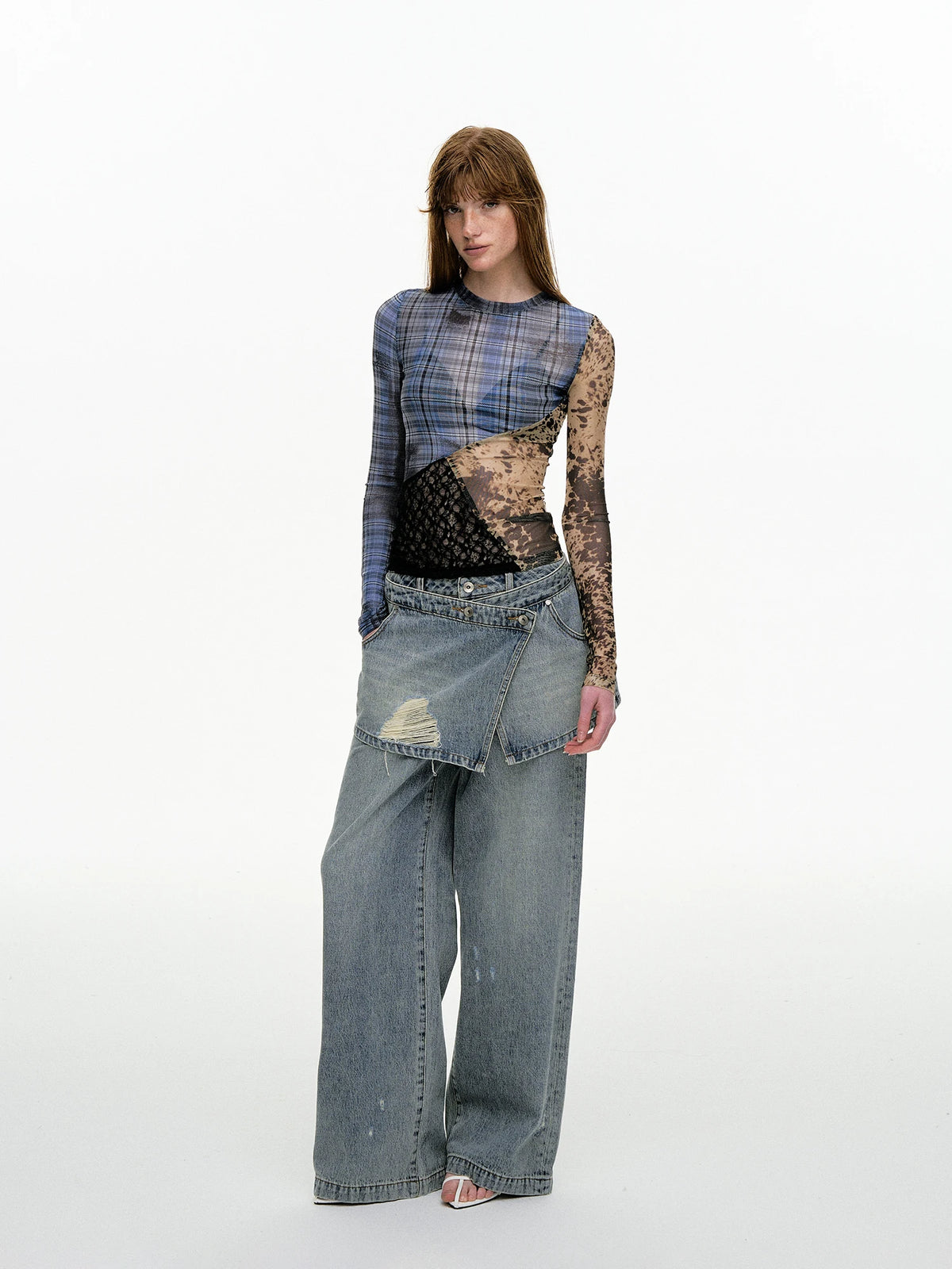 VILZSTUDIOS Stylish Plaid Mesh Patchwork Long Sleeve Top