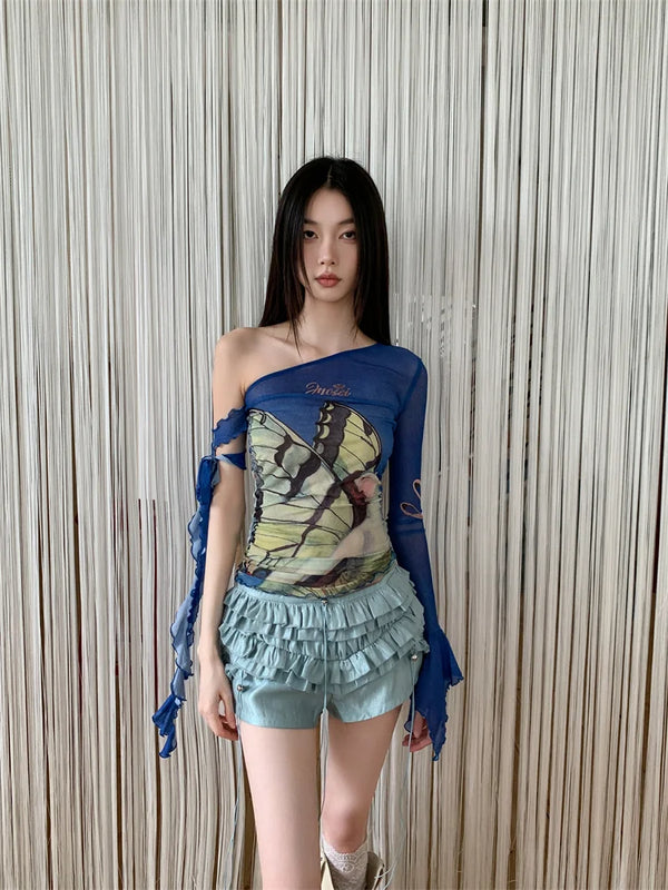 Blue Butterfly Mesh Off Shoulder Long Sleeve Top