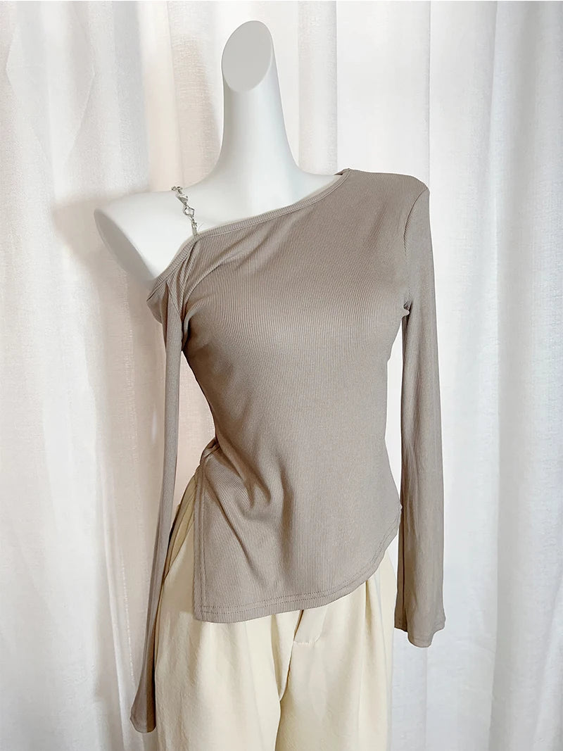 VILZSTUDIOS Asymmetrical Off Shoulder Knitted Long Sleeve Top