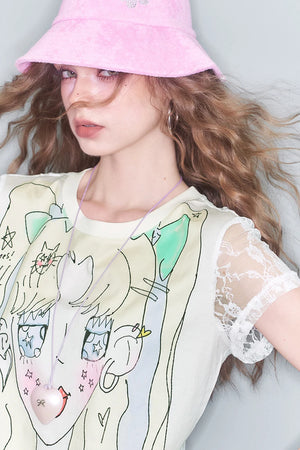 VILZSTUDIOS Sweet Lace Splicing Anime Print T-Shirt