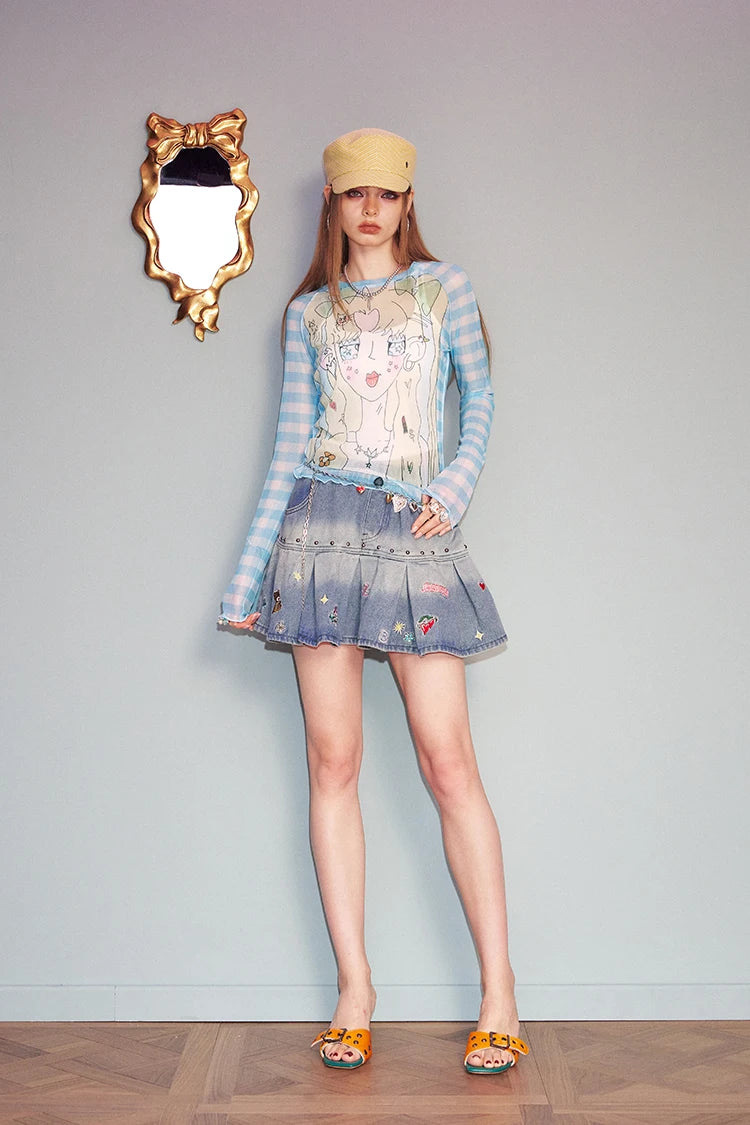 VILZSTUDIOS Checkered Cartoon Mesh Long Sleeve Top