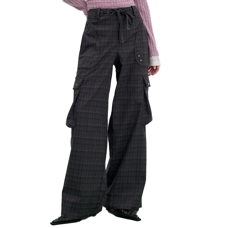 VILZSTUDIOS Retro Plaid High Waist Wide Pants