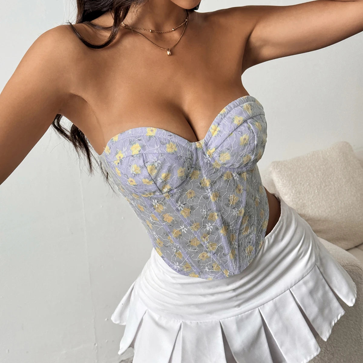 VILZSTUDIOS Floral Lace-Up Strapless Corset Crop