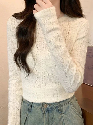 VILZSTUDIOS Lace Hollow Out Slim Long Sleeve Top