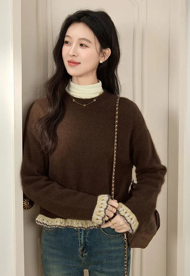 VILZSTUDIOS Elegant Lace Patchwork Knit Sweater