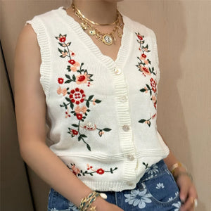 VILZSTUDIOS Cozy Knit Floral Embroidered V-Neck Vest