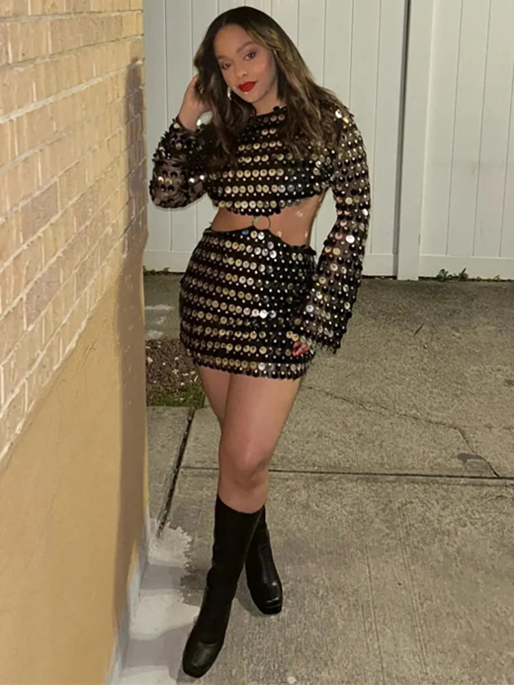 VILZSTUDIOS Sequin Glitter Sparkling Hollow Out Dress