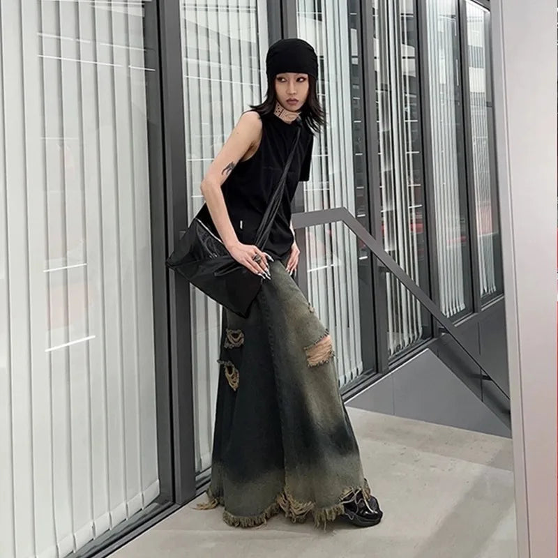 VILZSTUDIOS Vintage Grunge Aesthetic Distressed Denim Skirt