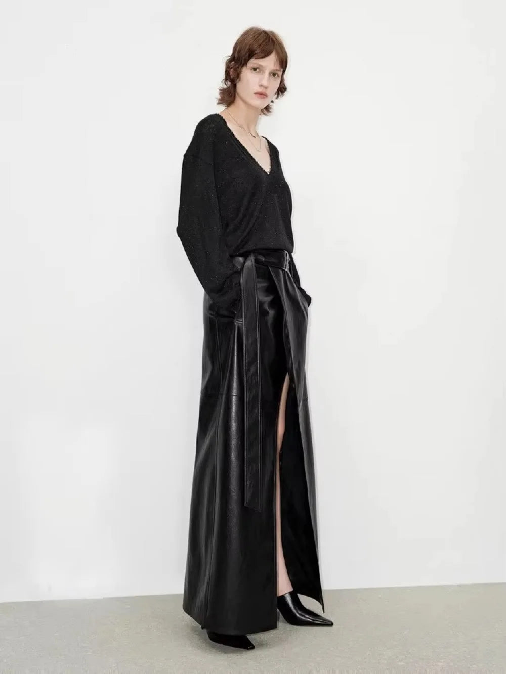 VILZSTUDIOS Shiny Black PU Leather High Waist Skirts