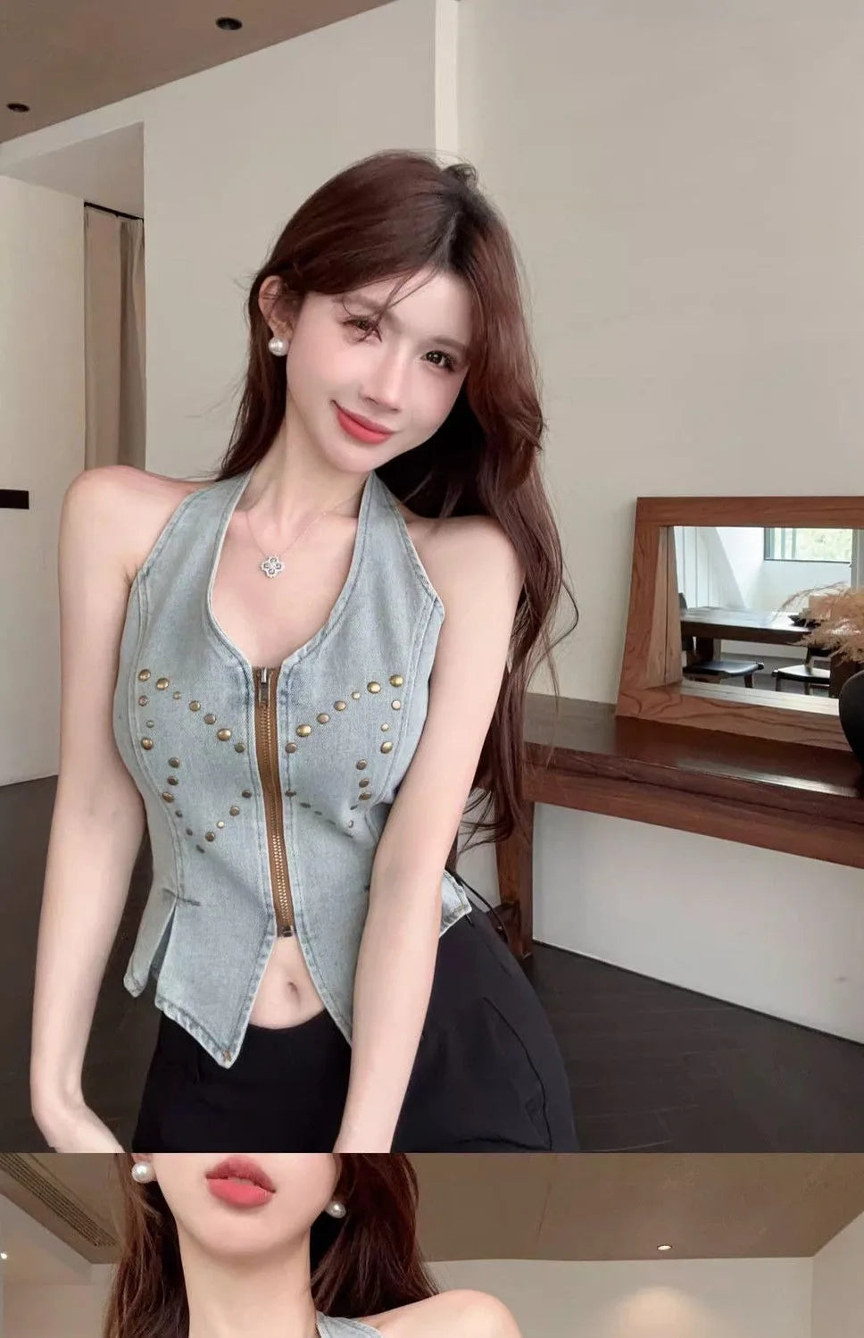 VILZSTUDIOS Denim Crop Top with Front Zipper