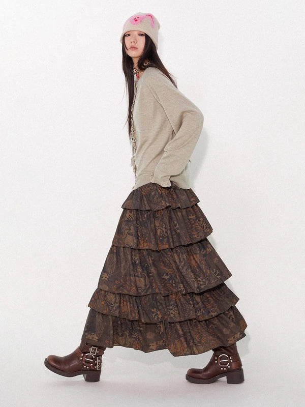 Luxury Floral Print Tiered Midi Skirt