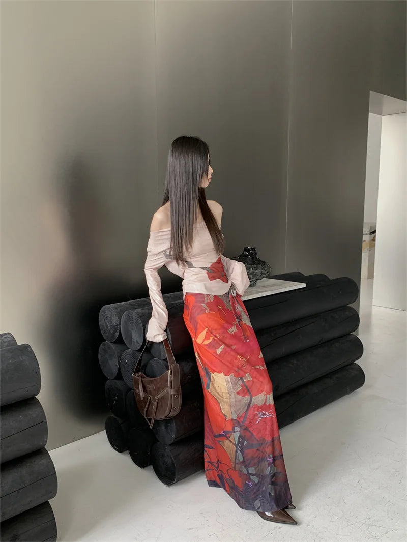 VILZSTUDIOS Luxury Vintage Red Mesh Lace-Up Maxi