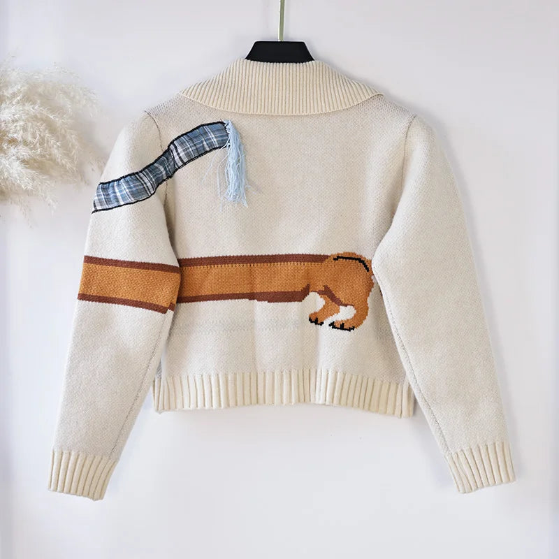 VILZSTUDIOS Cozy Chic Puppy Pattern Knit Cardigan