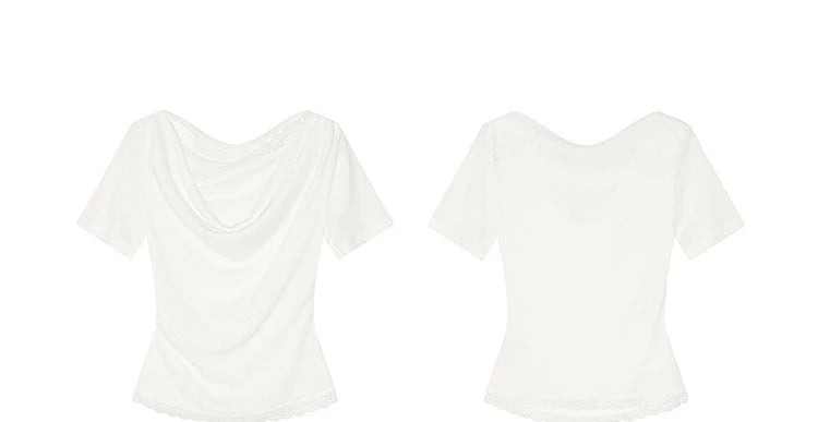 VILZSTUDIOS Lace Flower Edged Short Sleeve T-Shirt