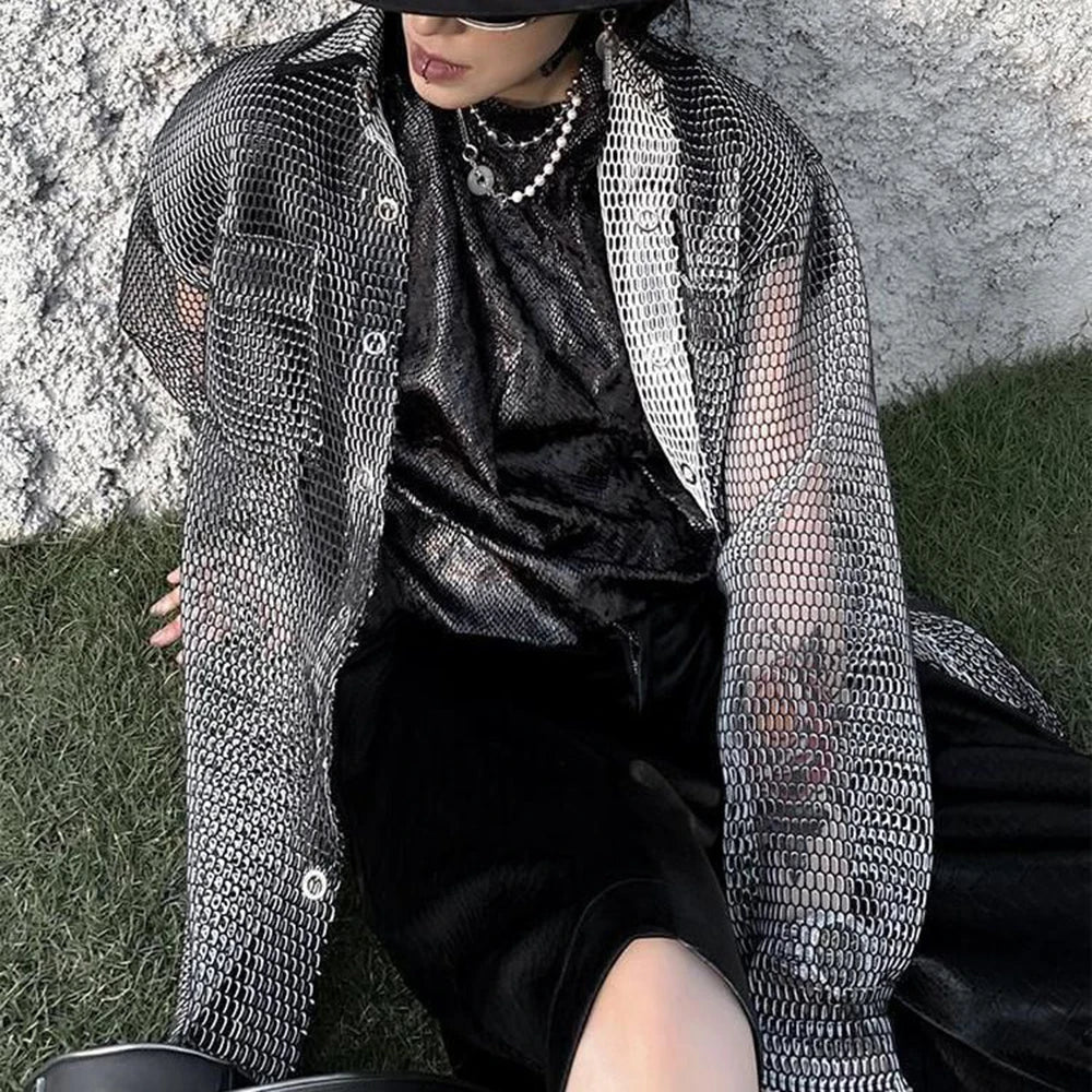 VILZSTUDIOS Y2K Transparent Mesh Casual Shirt